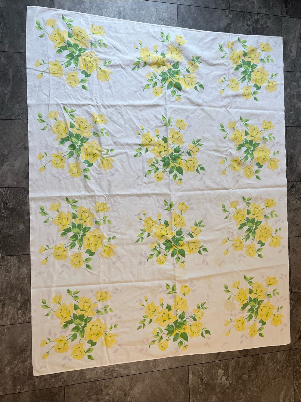 Vintage Yellow Rose Floral Tablecloth -  White Background pale lavender leaves